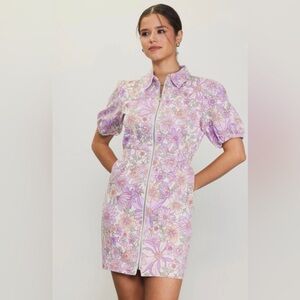 Skies Are Blue Size M Floral Denim Zip Front Smocked Waist Anthro Dress NWT